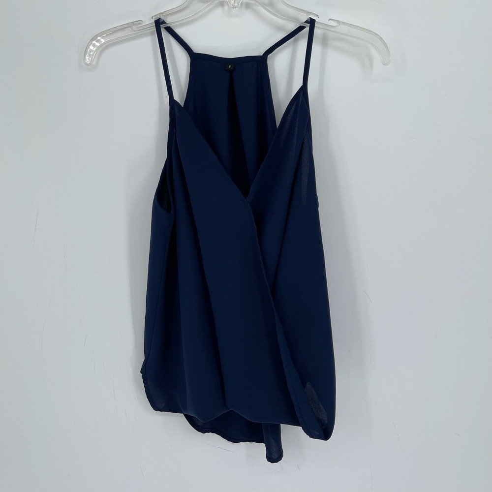 Women's Navy Blue Surplice Halter Neck Sleeveless Faux Wrap Cami Tank Top Size S